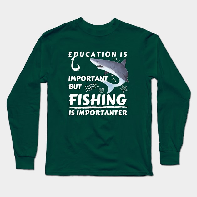 Fishing Is Importanter Shark Long Sleeve T-Shirt by Marius Andrei Munteanu